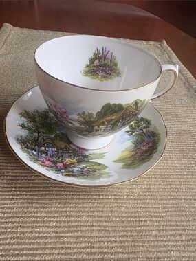 Vintage Royal Vale Floral Cottage Tea Cup & Saucer with Gold Trim